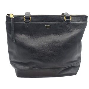 Fossil Tote Bag Womens Black Leather Shoulder Purse Zip Top Shopper Handbag Chic